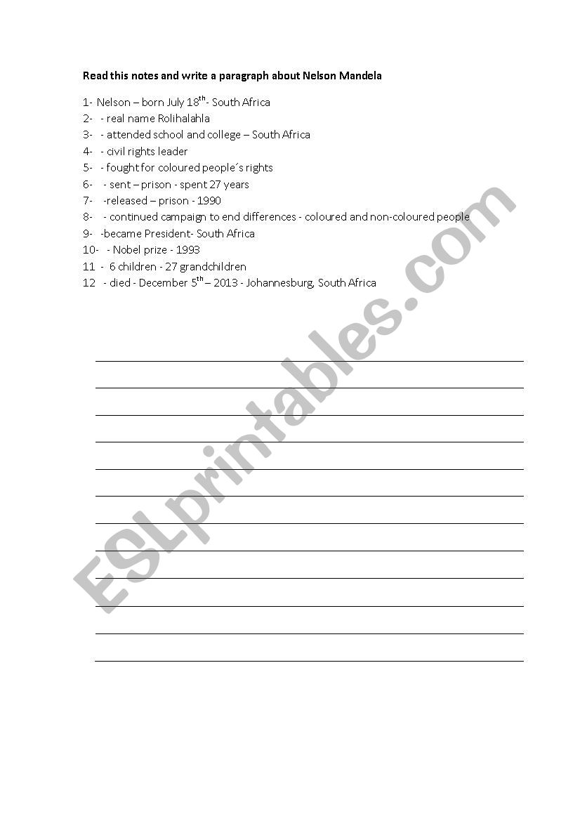 Mandela`s biography worksheet